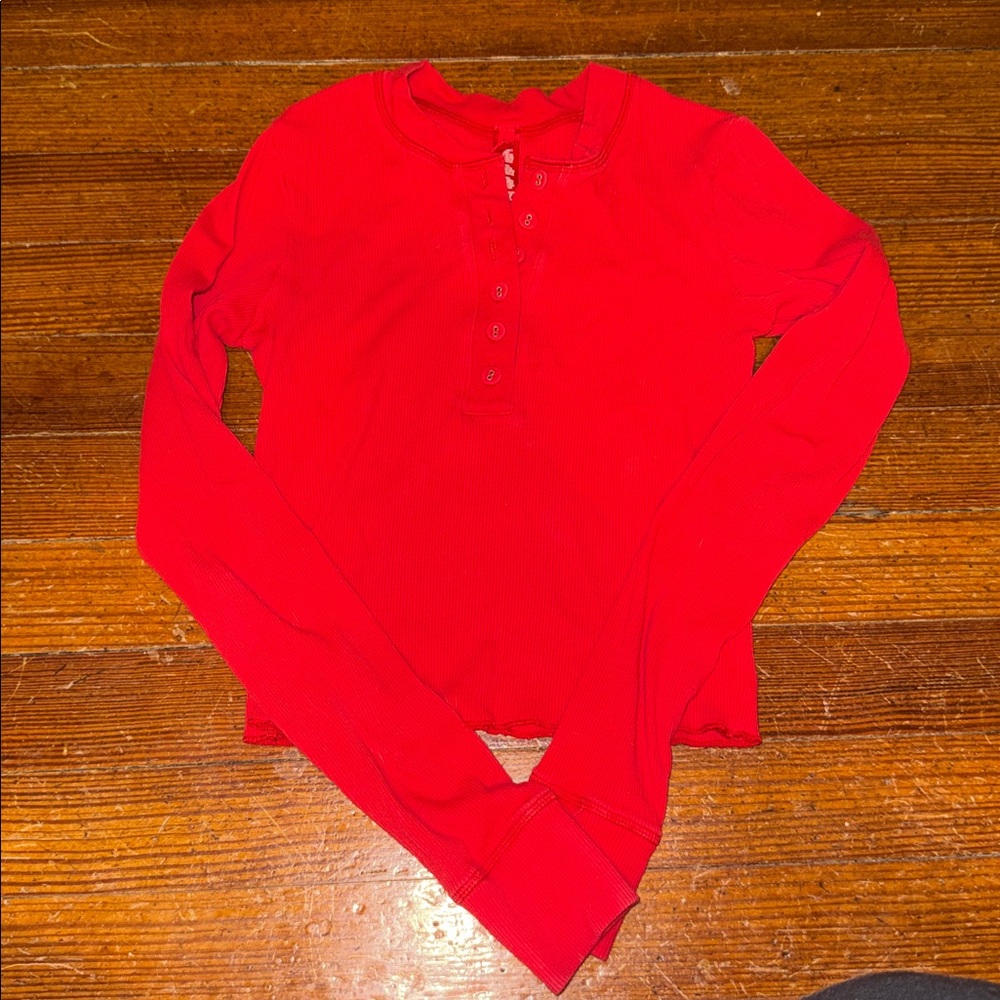 Skims V Neck Ribbed Thermal Top Long Sleeve Red Small Button Accents Cropped